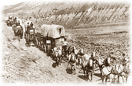 A wagon train on the Santa Fe Trail.